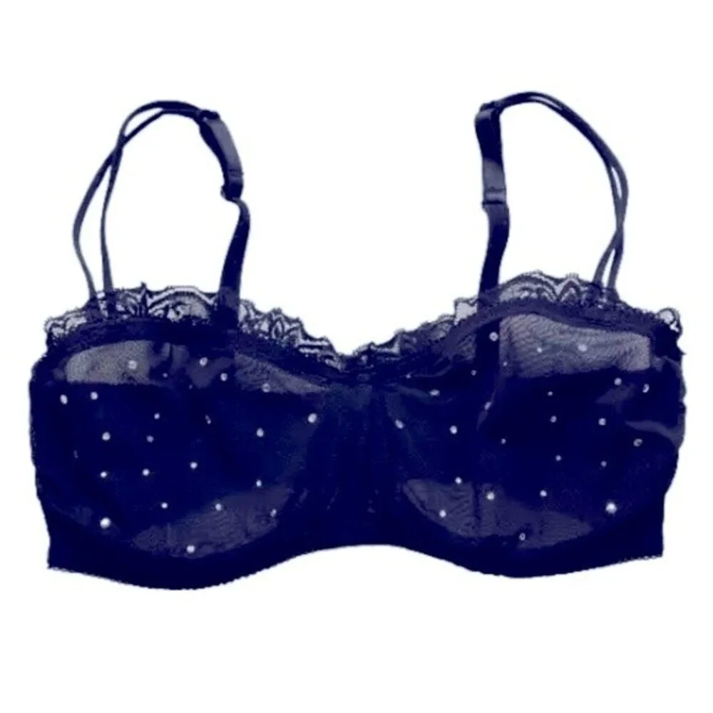 H&M Balcony Bra U/Wired Non-Padded W/ Rhinestone Sexy Mesh & Lace 34D Black VTG